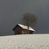 Scheune auf schneebedeckter Wiese